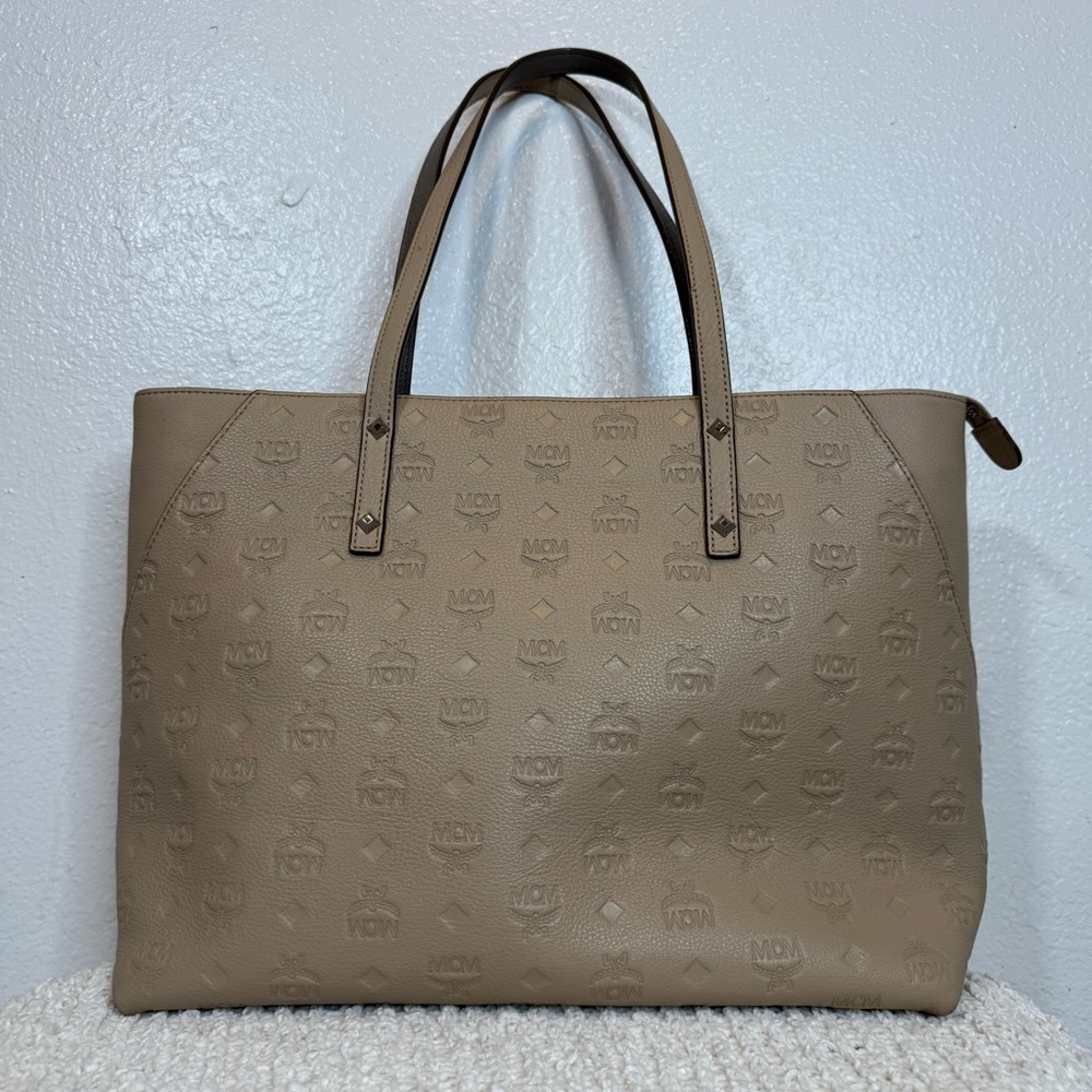 MCM Beige/Tan Logo Embossed Leather Tote - Picture 7 of 14